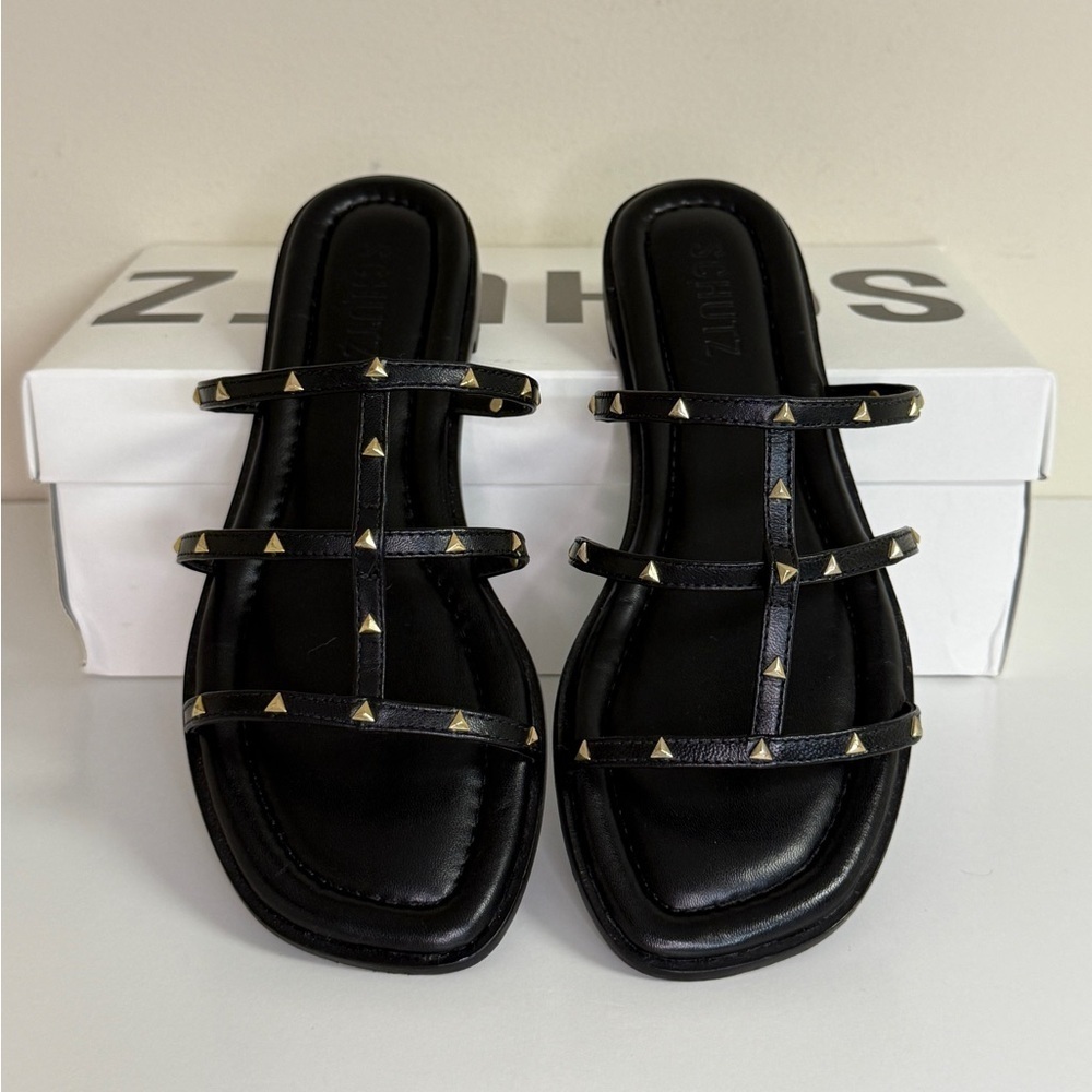 SCHUTZ: Ali Studded Sandal,  Black | Gold Flat, Women's Size 6